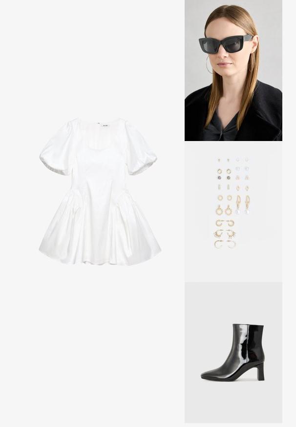 Balts puff-manes kleita, izgatavota no gludas auduma, ar apaļu dekoltē, savilktām malām un izplestu svārku. Aizmugurējā daļā ir rāvējslēdzēja aizdare.; Melnas patentētas ādas potīšu zābaki ar norādītu pirkstu un vidēja augstuma kvadrātveida papēdi. Gluda tekstūra un minimālisma dizains.; Melna kaķa acs saulesbrilles ar tumšiem objektīviem, bieziem rāmjiem un smalkiem akcentiem. Valkātas ar melnu mēteļi un pelēku augšu, ar garām taisnām matiem.; Zeltainā tonī auskari, kas iekļauj dažādus dizainus, tostarp pīrsingu, gredzenus un karājošus elementus ar pērlēm un rhinestones.