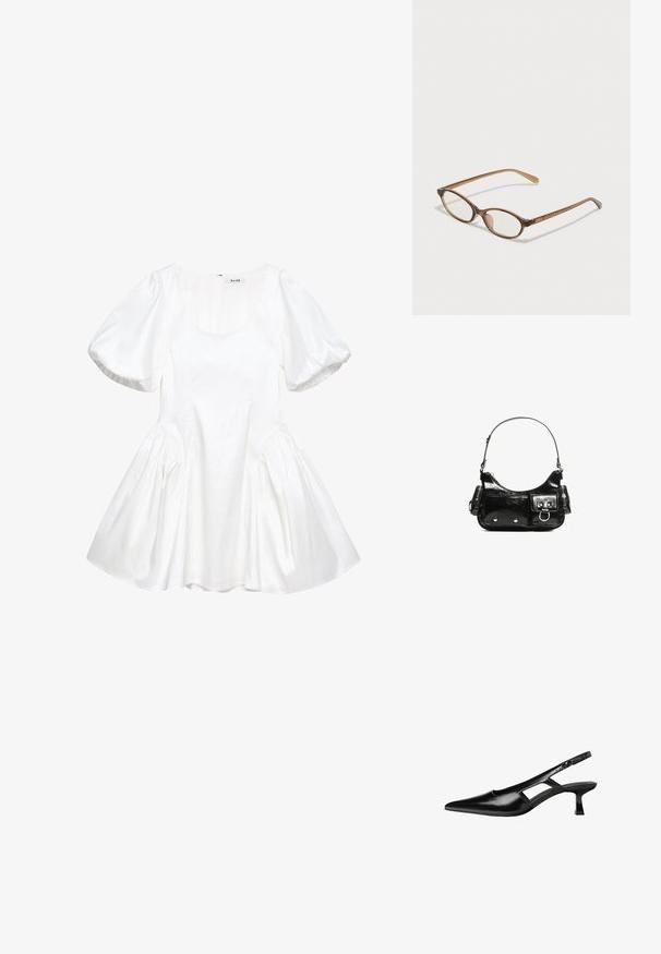 Valkoinen puskahihallinen mekko, joka on valmistettu sileästä kankaasta. Mekossa on pyöreä kaula-aukko, poimuttuneet sivut ja levenevä helma. Takana on vetoketjukiinnitys.; Mustat lakatut nahkakengät, joissa on viistopää, leikattu sivusuunnassa ja pieni neliökoroke. Sujuva pinta, jossa on minimaalinen koristelu.; Ruskeat kilpikonnaruutulasiset silmälasit, joissa ovaalit linssit, ohuet varret ja läpinäkyvät yksityiskohdat. Temppeleissä on huomaamaton logo. Suunnittelultaan suora ja kevyt.; Mustekko mustasta kiiltonahasta valmistettu käsilaukku, jossa on kaareva muoto, yksi olkahihna, etutaskut ja hopeanväriset yksityiskohdat.