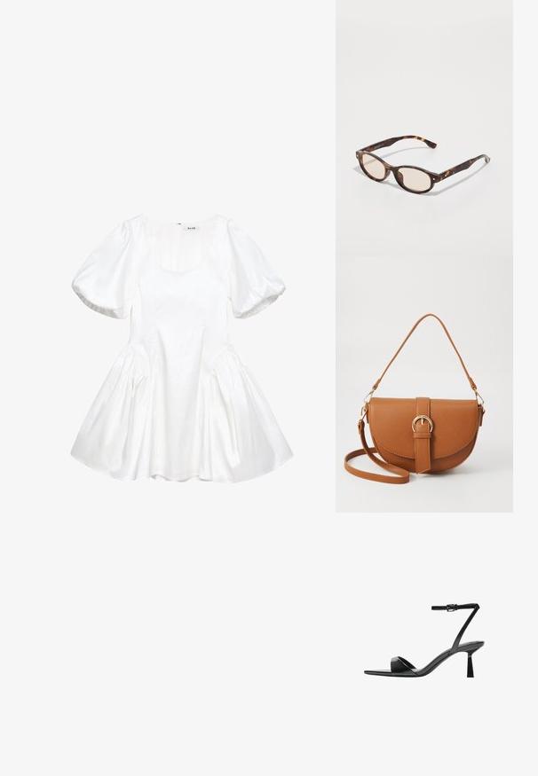 Witte jurk met pofmouwen van soepele stof, met een ronde halslijn, geplooide zijkanten en een uitlopende rok. Ritsluiting aan de achterkant.; Bershka Sandalen met hoge hak - black; Schildpadbril met een ronde vorm en lichte lenzen. Heeft stevige armen met kleine gouden accenten, gemaakt van plastic materiaal.; Bruine leren schoudertas met een gebogen vorm, gouden hardware en een gespaccent. Bevat een afneembare schouderriem.