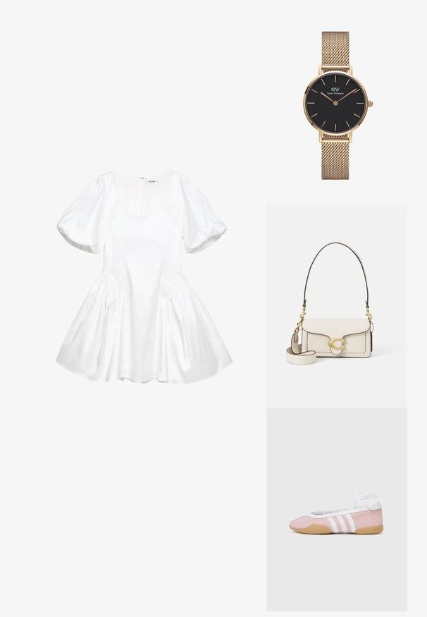 Balts puff-manes kleita, izgatavota no gludas auduma, ar apaļu dekoltē, savilktām malām un izplestu svārku. Aizmugurējā daļā ir rāvējslēdzēja aizdare.; adidas Originals TAEKWONDO MEI BALLET - Sporta apavi - clear pink/ftwr white/gum; Krēmpiena ādas rokassoma ar strukturētu dizainu, kontrastējošām melnām malām, zelta aparatūru un noņemamu siksnu ar paraksta logotipu.; Zelta acu tīkla joslas pulkstenis no Daniel Wellington, ar apaļu melnu ciparnīcu, zelta stundas marķieriem un logotipu pulksten 12. Vienkāršs, elegants dizains.