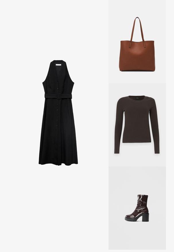 Abito nero senza maniche con cintura, dotato di chiusura a bottoni sul davanti e gonna fluida, realizzato in tessuto morbido con un design minimalista.; Top marrone a maniche lunghe con scollo rotondo. Realizzato in un materiale liscio e elasticizzato, presenta una silhouette aderente e dettagli minimi.; Stivale alla caviglia bordeaux lucido con un tacco spesso nero, caratterizzato da una superficie liscia e un design semplice. Nessuna chiusura visibile o motivo.; Borsa tote in pelle marrone con texture liscia, design con apertura superiore e due spallacci. Presenta cuciture minime e nessun hardware visibile.