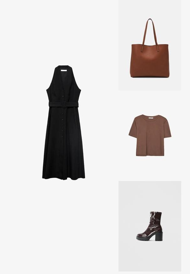 Crna haljina bez rukava s remenom, s prednjim kopčanjem na dugmad i lepršavom suknjom, izrađena od glatkog materijala s minimalističkim dizajnom.; Smeđi kratki rukav majica od mekog materijala, s okruglim izrezom i opuštenim krojem. Nema vidljivih uzoraka ili naglasaka.; Sjajna burgundska čizma do gležnja s debelim crnim potplatom, koja se odlikuje glatkom teksturom i jednostavnim dizajnom. Nema vidljivih kopčanja ili uzoraka.; Smeđa kožna torba preko ramena s glatkom teksturom, otvorenim vrhom i dvjema naramenicama. Ima minimalne šavove i nema vidljivog hardvera.