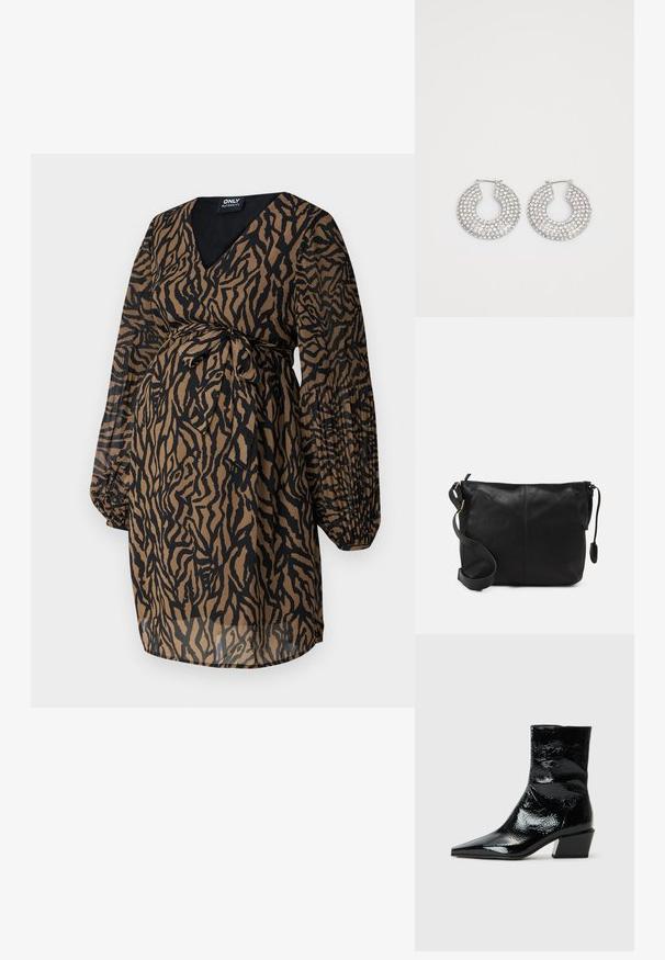 ONLY MATERNITY OLMSTAR DRESS - Dnevna obleka - dark brown; Črne lakirane gležnjarje s koničastim nosom, teksturirano površino in debelim blokastim peto. Šik oblikovanje s gladko, sijočo površino.; Črna usnjena torbica čez telo s ravno obliko, z zlatimi kovinskimi dodatki in nastavljivim trakom. Gladka tekstura z minimalnimi šivi.; Srebrni obročasti uhani okrašeni z več prozornimi kristalnimi poudarki, ki imajo teksturirano površino in odprto okroglo zasnovo.