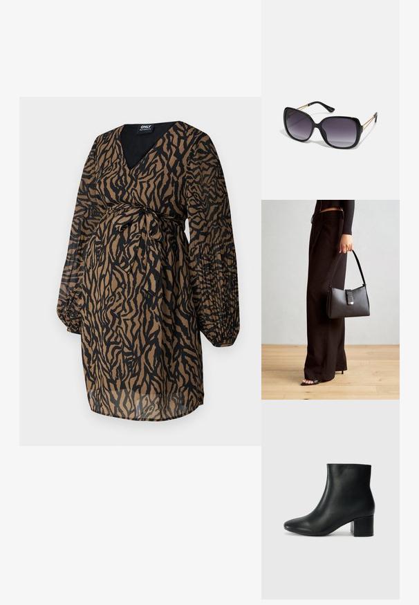 ONLY MATERNITY OLMSTAR DRESS - Päevakleit - dark brown; Mustad nahast pahkluu saapad terava varbaga ja jämeda kandaga. Sile tekstuur minimaalse aktsentidega ja stiilne, lihvitud disain.; Mustad ümarad päikeseglaasid, millel on gradient objektiivid, paksud raamid ja kuldse tooni kettaga kaunistused tempelitel.; Must musta kott, millel on struktureeritud kuju, sile tekstuur ja metallist klamber. Kombineeritud laiate mustade pükstega ja avatud varvaste sandaalidega puidust põrandal.
