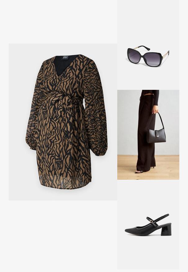 ONLY MATERNITY OLMSTAR DRESS - Rochie de zi - dark brown; Cizme cu toc slingback din piele sintetică lacuită neagră, cu vârful ascuțit, un design cu decupaj rotunjit și toc bloc. Include un accent cu cataramă de culoare aurie.; Ochelari de soare negri, supradimensionați, cu lentile degradate, rame groase și detalii cu lanț de ton auriu pe brațele templului.; Genți negre cu o formă structurată, textură netedă și un închizător metalic. Asortată cu pantaloni negri largi și sandale cu vârf deschis pe un podea din lemn.