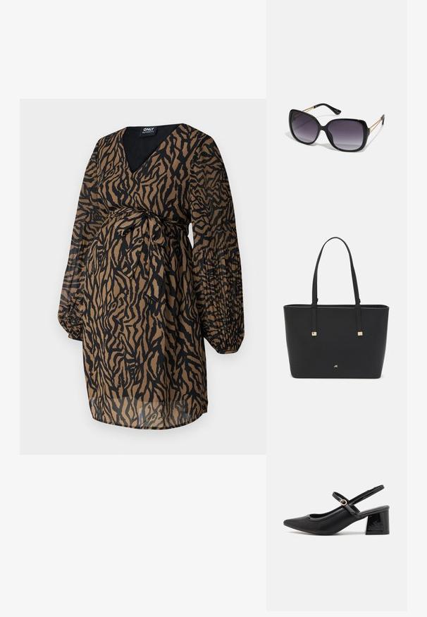 ONLY MATERNITY OLMSTAR brązowy; Czarne lakierowane czółenka na słupku ze spiczastym noskiem, lekko zaokrąglonym wycięciem i obcasem w kształcie bloku. Posiadają złotą klamrę jako akcent dekoracyjny.; Czarne oversize okulary przeciwsłoneczne z gradientowymi soczewkami, grubymi oprawkami i złotym łańcuszkiem na ramionach.; Czarna torba typu tote wykonana z materiału syntetycznego, z prostym prostokątnym wzorem, złotymi kwadratowymi akcentami i podwójnymi uchwytami.