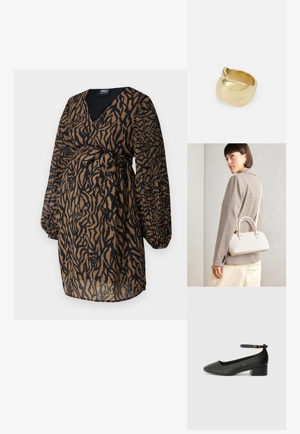 ONLY MATERNITY OLMSTAR DRESS - Denné šaty - dark brown; Čierne kožené lodičky s špicatou špičkou a nízkym blokovým podpätkom. Obsahuje remienok okolo členka so zlatým prackou. Hladký povrch.; Biela štruktúrovaná kabelka s krátkymi rúčkami a ramenným popruhom, s zlatými kovovými prvkami a textúrovaným materiálom, vystavená na šedom pozadí.; Zlatá prstene s hladkým, skrúteným dizajnom. Má lesklý povrch a zaoblené okraje, čím vytvára bezproblémový, plynulý tvar.