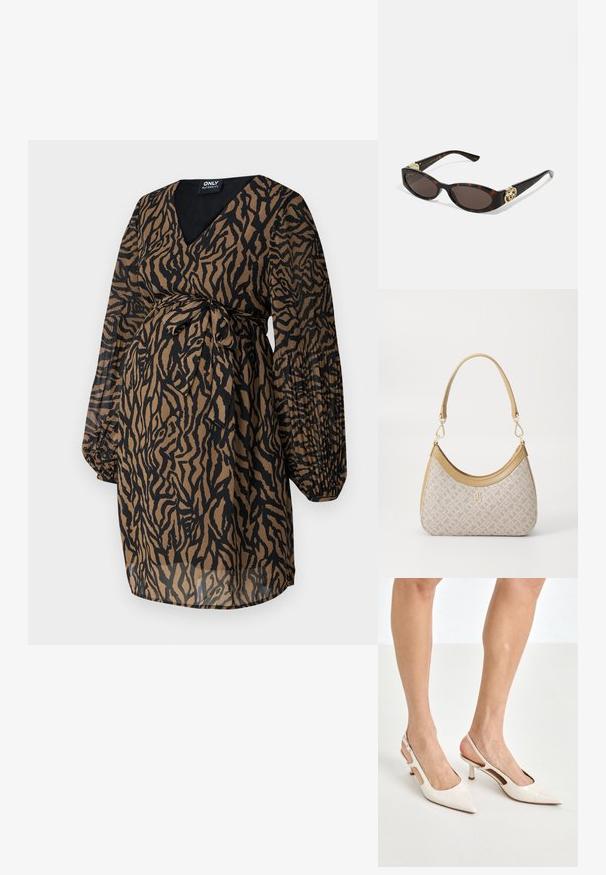 ONLY MATERNITY OLMSTAR DRESS - Freizeitkleid - dark brown; Beige Lackleder Slingback-Absätze mit spitzem Fuß und 5 cm Absatz, mit ausgeschnittenen Seiten und einem schmalen Knöchelriemen.; Schildpatt-Sonnenbrille mit länglich-ovalen Gläsern, braunem Farbton, goldenen Logo-Akzenten an den Bügeln und schlanken schwarzen Bügeln.; Beige gemusterte Handtasche mit geschwungener Form, Lederakzenten und einem goldfarbenen Logo auf der Vorderseite. Verfügt über einen kurzen Griff für einfaches Tragen.