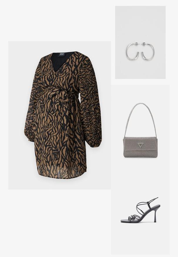 ONLY MATERNITY OLMSTAR DRESS - Kasdienė suknelė - dark brown; Juodos aukštakulnės sandalai pasižymi plonyčiais dirželiais su mazgo dizainu, lygiu kvadratiniu pirštu ir elegantišku stiletto kulnu.; Šviesiai pilka metalinė rankinė su grandinėlės dirželiu, papuošta mažais apvaliais metaliniais smeigėmis ir trikampiu prekės ženklu.; Sidabrinės auskarai žiedai su lygiu, blizgiu paviršiumi. Suapvalinta forma, lengvas dizainas, su uždarymu ant smeigtuko.