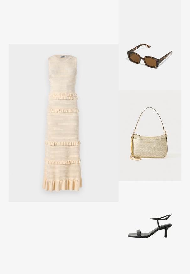 Beiges Strickkleid mit tailliertem Oberteil, Rüschendetails, strukturierten Streifen und ausgestelltem Saum, mit rundem Ausschnitt und ärmellosem Design.; Next FOREVER COMFORT SIMPLE REGULAR FIT - Riemensandalette - black; Schildpatt-Sonnenbrille mit einem runden, klobigen Rahmen und braunen Gläsern. Verfügt über dezente Muster und gerade, zulaufende Bügel.; Goldfarbene Handtasche mit einem glatten Ledertrageriemen, ausgestattet mit einem Reißverschluss und einem dezenten Logo-Muster, das auf der Oberfläche aufgedruckt ist.