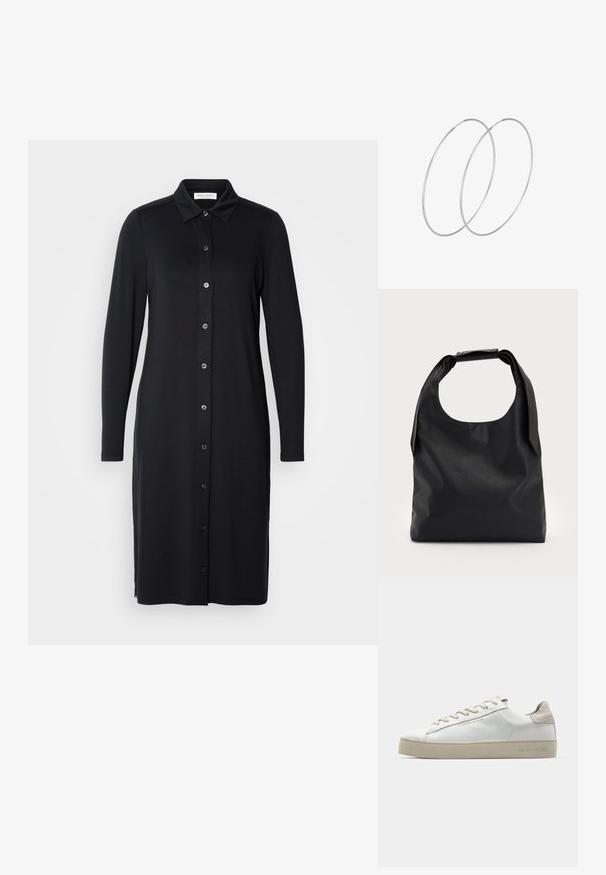 Marc O'Polo SHIRT DRESS - Trikotāžas kleita - black; Baltas ādas sporta apavi ar gludu virsmu, bēšas zamša akcenti, apaļa pirksta forma, plakans šņorēšanas dizains un tekstūrota gumijas zole.; Melna ādas hobo soma ar vienu mīkstu, noapaļotu rokturi; tai ir gluda virsma un minimālistisks dizains. Nav redzamu metāla detaļu vai akcentu.; Sudraba gredzenveida auskari ar minimālistisku dizainu. Cirkulāra forma, gluda tekstūra un plāns profils. Vieglu svaru ar spīdīgu apdari.