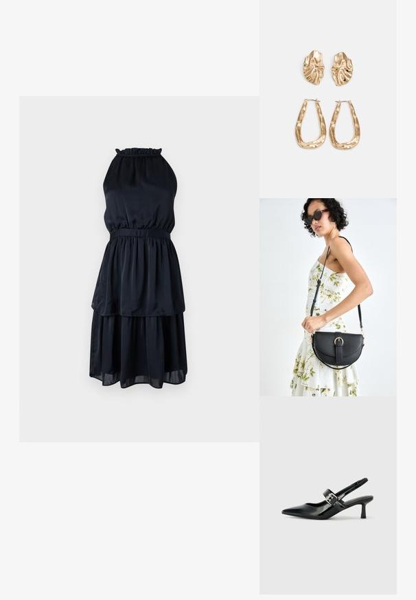 Sötétkék, ujjatlan ruha, fodros nyakkivágással, rugalmas derékpánttal és réteges szoknyával, amely világosabb, áttetsző fedőréteggel rendelkezik.; Fekete lakkbőr slingback sarkú cipők hegyes orral és kis blokk talppal, ezüst csat díszítéssel a pánton.; Fekete bőrtáska ívelt formával, levehető pánttal és arany színű fémrészekkel. A táskán egy csattal díszített fedél található.; Aranyszínű fülbevalók, texturált, hullámos formákkal. Tartalmazza a szobrászati klipszes studokat és az open hoop kialakítást, kalapácsos felülettel.
