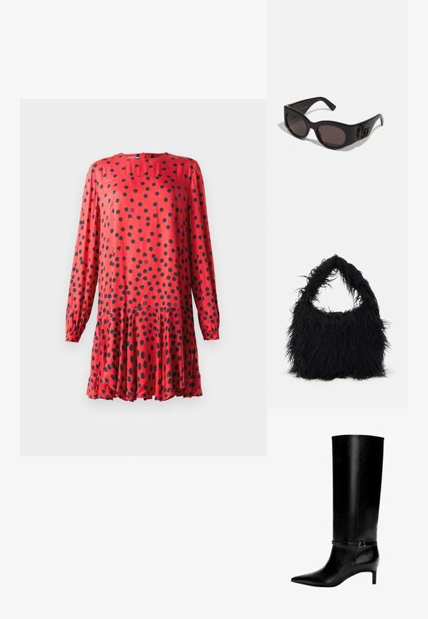 Rotes Kleid mit langen Ärmeln, Rundhalsausschnitt und schwarzen Punkten. Ausgestellter Saum mit gerüschter Taille für ein luftiges Aussehen.; Schwarze Lederstiefel bis zum Knie mit spitzer Zehe und kleinem Absatz. Verfügt über einen schmalen Riemen mit einer metallischen Schnalle am Knöchel. Glatte Textur.; Schwarze Sonnenbrille mit übergroßen, runden Gläsern, ausgestattet mit einem glänzenden Kunststoffrahmen und einem auffälligen Logo-Detail an den Bügeln.; Even&Odd Shopping Bag - black