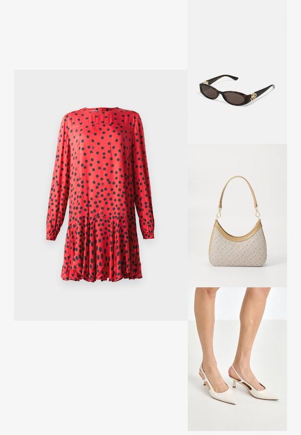 Czerwona sukienka z długimi rękawami, z okrągłym dekoltem i czarnymi kropkami. Rozszerzany dół z marszczoną talią dla zwiewnego wyglądu.; Beżowe lakierowane szpilki z odkrytą piętą, zakończone spiczastym noskiem i 5 cm obcasem, z wyciętymi bokami oraz cienkim paskiem na kostce.; Słoneczne okulary w kolorze żółwi z wydłużonymi owalnymi soczewkami, brązowym odcieniem, złotymi akcentami logo na zausznikach oraz smukłymi czarnymi ramionami.; Beżowa torebka w wzory o zakrzywionym kształcie, z skórzanymi akcentami i złotym logo z przodu. Posiada krótki uchwyt, co ułatwia noszenie.