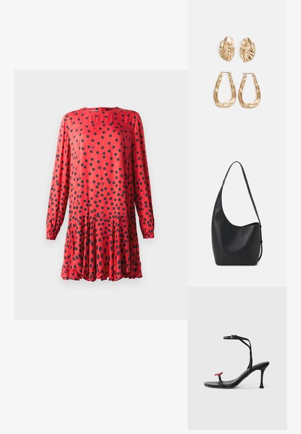 Punainen mekko pitkillä hihoilla, jossa on pyöreä kaula-aukko ja mustia pilkkuja. Laahustava helma ja kerrottu vyötärö luovat laskeutuvan ilmeen.; Mustat korkokengät sandaalit, joissa on ohut nilkkaremmi ja punainen yksityiskohta varpaassa. Elegantti muotoilu ja kiiltävä pinta stiletto-korkealla.; Musta nahkainen hobo-laukku, jossa on sileä pinta, kaareva muoto ja yksi säädettävä olkahihna; sisäänkäynti on leveä ylhäältä.; Korukultainen korvakorut, joissa on teksturoituja, aaltoilevia muotoja. Mukana on veistokselliset klipsikorvakorut ja avoin rengasmalli, jossa on vasaroitu pinta.