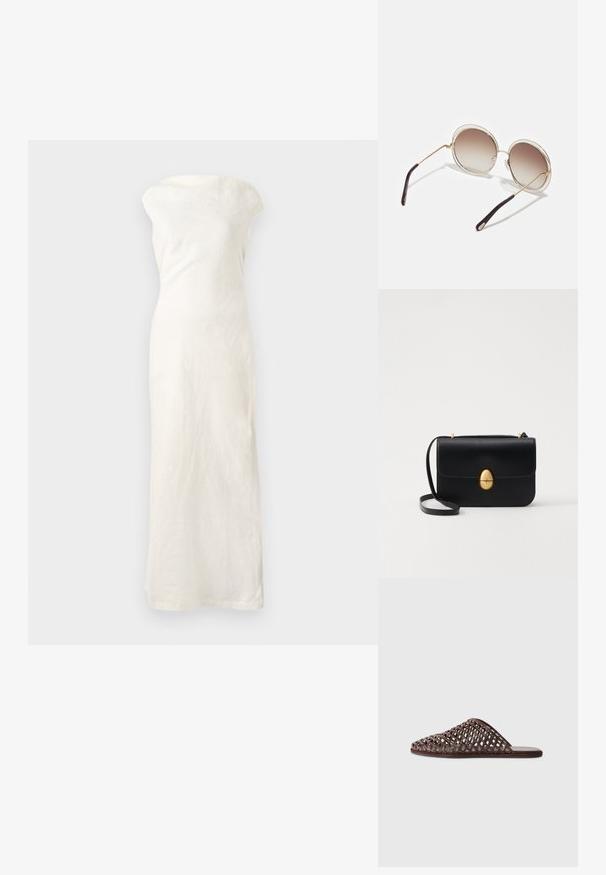 Fehér len maxi ruha vállpánt nélküli nyakkivágással, testhezálló szilhuetteljével és egyenes aljával. Texturált anyaga kiemeli a részleteket.; Barna szőtt csúsztatós szandál lekerekített orral, nyitott dizájnnal, lapos talppal és texturált felülettel. Könnyű anyag és minimalista sziluett.; CHLOÉ CARLINA OVERSIZED ROUND METAL SUNGLASSES - Napszemüvegek - gold-coloured/brown; Fekete bőr kézitáska, struktúrált, téglalap alakú formával. Arany ovális kapoccsal és vékony vállpánttal rendelkezik. Sima textúrájú.