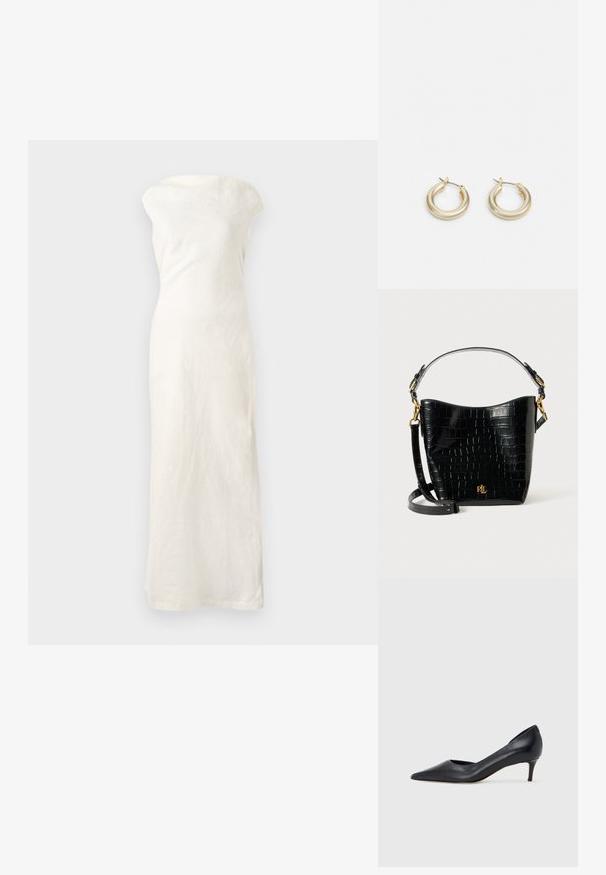 Vestido maxi de linho branco com decote descoberto nos ombros, silhueta ajustada e barra reta. Apresenta um tecido texturizado para um detalhe adicional.; Sapato de salto alto preto em pele com bico fino e salto baixo. Apresenta uma textura suave e brilho subtil. Corte aberto na parte da frente para um detalhe adicional.; Bolsa de pele corcunda preta com textura de crocodilo, formato curvo, detalhes em metal dourado, alça ajustável e logotipo na parte da frente.; Lauren Ralph Lauren BASIC SMALL HOOP - Brincos - gold-coloured