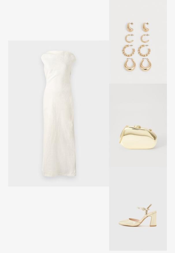 Rochie maxi din in alb cu decolteu off-the-shoulder, siluetă ajustată și tiv drept. Prezintă un material texturat pentru un plus de detaliu.; Pantof metalic auriu cu toc, varf ascutit, curea pentru glezna cu un sistem de prindere circular si un design cu toc chunky. Textura neteda.; Clutch metalizat de culoare aurie, cu o formă netedă și rotundă, având un închizător tip buton în partea de sus și o curea mică pentru purtare.; Set de cinci cercei din aur, prezentând diferite modele: suprafețe răsucite, cu caneluri și netede, în forme de cerc și semilună.