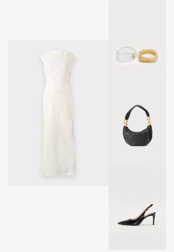 Vit maxiklänning i linnetyg med avskuren axel, figurnära silhuett och rak fåll. Har en strukturerad tygkvalitet för extra detaljer.; Svart patenterat läder slingback pumps med spetsig tå, smal klack och en subtil utskärning. Har en guldbuckle på remmen.; Svart läderhandväska med rund form, mjuk textur och ett knuthandtag med detaljer i guldfärg. Dragkedjestängning.; Klart och bärnstensfärgade ringar av resin, en slät och transparent, den andra med en strukturerad bärnstensfinish. Båda har rundade, kraftiga design.