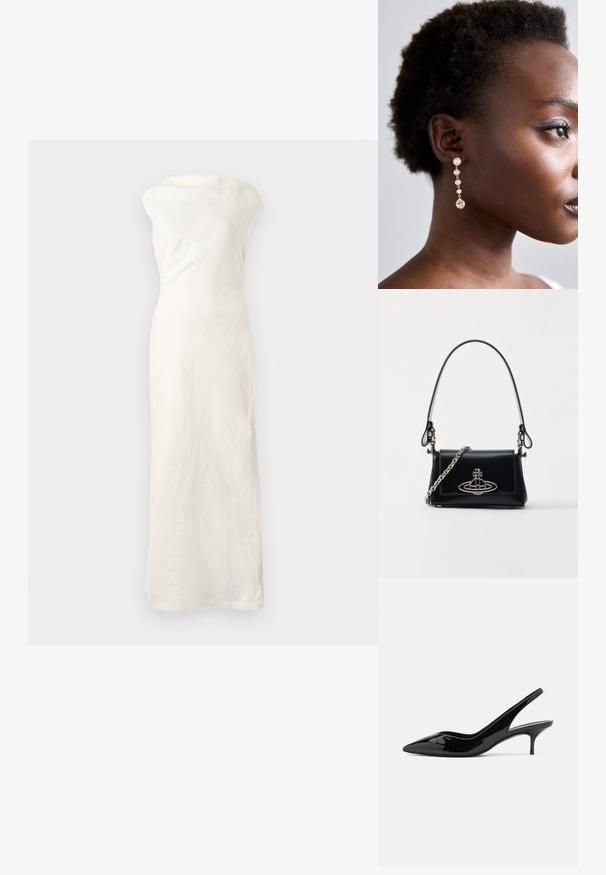 White linen maxi dress with an off-the-shoulder neckline, fitted silhouette, and straight hem. Features a textured fabric for added detail.; Stuart Weitzman EVA SLINGBACK - Classic heels - black; Black leather handbag with a structured design, silver chain strap, and a prominent metallic logo on the front. Smooth texture.; Gold-tone drop earrings featuring three white pearls and a clear teardrop crystal at the bottom, displayed against a neutral background.