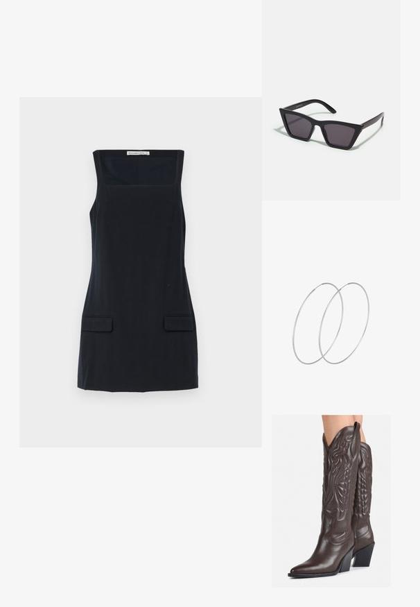 Mornarsko modra brezrokavna obleka s kvadratnim izrezom, dvema sprednjima žepoma in gladko teksturo. Naravnost krojena brez dodatnih okrasitev.; Rjave usnjene kavbojske čevlje z ostrim nosom in blok peto, ki vsebujejo podrobno šivanje in dvignjene dodatke na zgornjem delu.; Črne, angularne sončne očala z sivimi lečami; izdelana iz plastike, imajo debele ročke z gladko površino in brez vidne opreme.; Srebrne uhane v obliki obroča z minimalističnim dizajnom. Krožna oblika, gladka tekstura in tanek profil. Lahki s poliranim zaključkom.