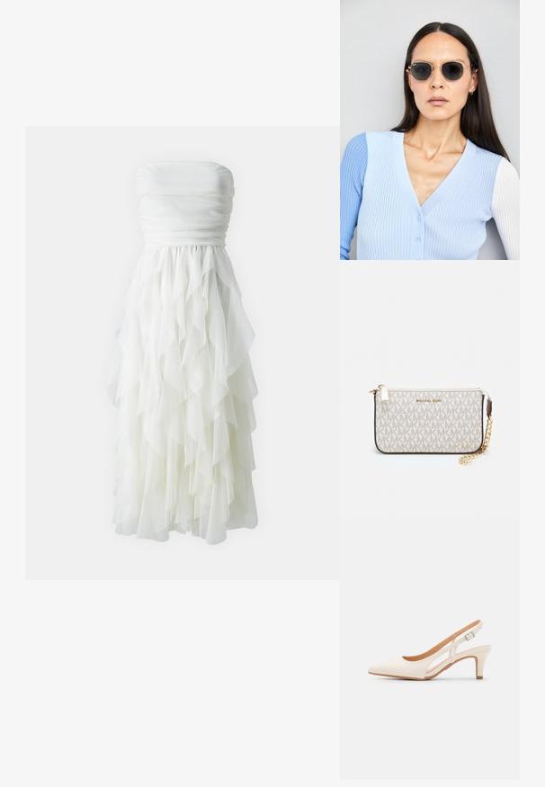 Robe blanche sans bretelles avec un corsage froncé et une jupe en tulle à volants superposés. Texture fluide et design à longueur de genoux.; Talons aiguilles blanches à bride arrière avec un bout pointu, un dessus lisse, un petit talon carré et un design avec découpes latérales et sangle réglable.; Lunettes de soleil rondes avec verres sombres et monture en or. Le modèle porte un cardigan à côtes bleu clair avec des boutons et des manches blanches contrastantes.; Porte-monnaie Michael Kors en toile enduite beige avec un motif répété de logo MK, des accessoires en or et une bandoulière en chaîne amovible.