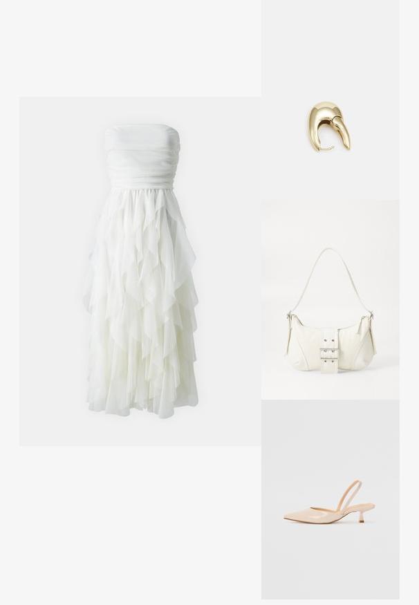 Robe blanche sans bretelles avec un corsage froncé et une jupe en tulle à volants superposés. Texture fluide et design à longueur de genoux.; Escarpins slingback en cuir verni beige avec un bout pointu et un talon carré fin. Texture lisse et design minimaliste sans ornement.; Sac à épaule blanc avec une finition texturée, une accentuation par une boucle centrale et une forme courbée. Fermetures éclair des deux côtés.; Boucle d'oreille en métal doré avec un design élégant et courbé. Présente une forme conique distinctive, une surface polie et une fermeture à charnière.
