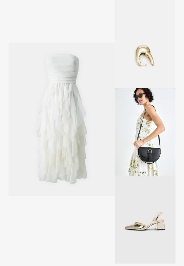 Robe blanche sans bretelles avec un corsage froncé et une jupe en tulle à volants superposés. Texture fluide et design à longueur de genoux.; Talons aiguilles dorés métalliques avec un bout pointu et un talon épais. Texture lisse, design minimaliste et une fine bride.; Sac à main en cuir noir avec une forme courbée, bandoulière amovible et des accessoires en or. Le sac est doté d'un rabat avec un détail de boucle.; Boucle d'oreille en métal doré avec un design élégant et courbé. Présente une forme conique distinctive, une surface polie et une fermeture à charnière.