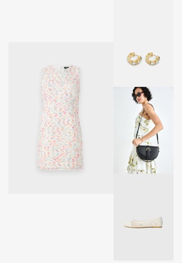 Šaty bez rukávů vyrobené z tkaniny tweed s texturovaným povrchem. Barvy zahrnují bílou, růžovou a modré skvrny. Mají přední zip a rovný střih.; Béžové ploché boty s špičatou špičkou z krémové kůže s průhledným svrškem posetým třpytivými kamínky. Měkká podrážka pro maximální pohodlí, minimalistický design.; Černá kožená kabelka s křivkovým tvarem, odnímatelným popruhem a zlatými detaily. Kabelka má klopu s přezkou.; Zlaté kruhové náušnice s texturovaným designem a třemi jasnými krystalovými akcenty na jedné straně, které nabízejí moderní geometrickou estetiku.
