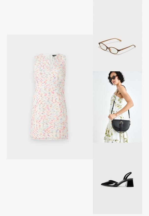 Vestuário sem mangas em tecido tweed com uma superfície texturizada. As cores incluem branco, rosa e manchas azuis. Possui um fecho zip frontal e um corte direito.; Sandy em verniz preto com salto slingback, ponta afilada e salto geométrico. Apresenta um design elegante e minimalista com textura suave.; Óculos tortoiseshell castanhos com lentes ovais, hastes finas e acabamentos transparentes. Apresenta um logótipo subtil na têmpora. Design elegante e leve.; Bolsa de couro preta com forma curva, alça destacável e detalhes em dourado. A bolsa possui uma aba com detalhe de fivela.