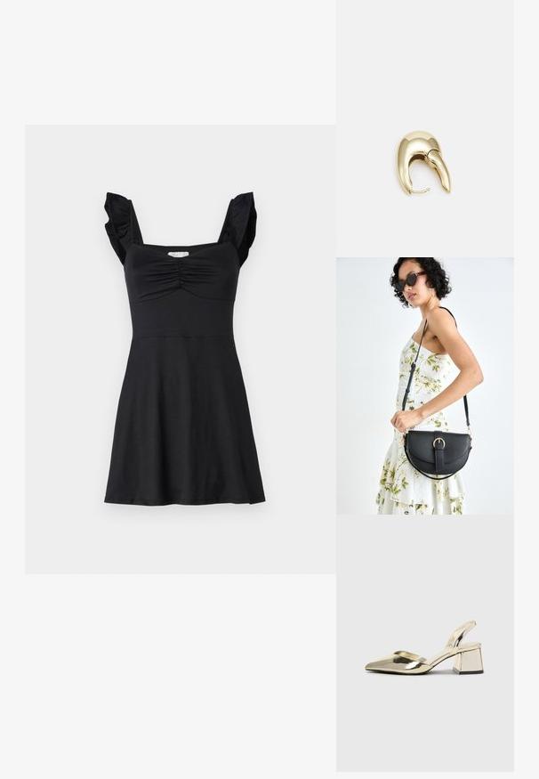 Robe noire en tissu lisse, avec des bretelles à volants, un ruché au niveau de la poitrine, et une silhouette de jupe évasée.; Talons aiguilles dorés métalliques avec un bout pointu et un talon épais. Texture lisse, design minimaliste et une fine bride.; Sac à main en cuir noir avec une forme courbée, bandoulière amovible et des accessoires en or. Le sac est doté d'un rabat avec un détail de boucle.; Boucle d'oreille en métal doré avec un design élégant et courbé. Présente une forme conique distinctive, une surface polie et une fermeture à charnière.