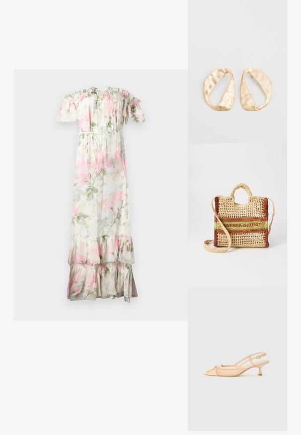 Vestido maxi floral con volantes sin mangas. Hecho de una tela ligera, con flores en tonos rosa y verde, una cintura con cordón y un dobladillo en capas.; Stuart Weitzman KITTY - Tacones - beige/barely beige; Bolso de paja tejido de forma rectangular, con una mezcla de rayas en color beige, verde y marrón, y una correa de hombro desmontable.; Un par de pendientes de metal dorado en forma de óvalo irregular con una superficie texturizada y ligeramente martillada sobre un fondo blanco.
