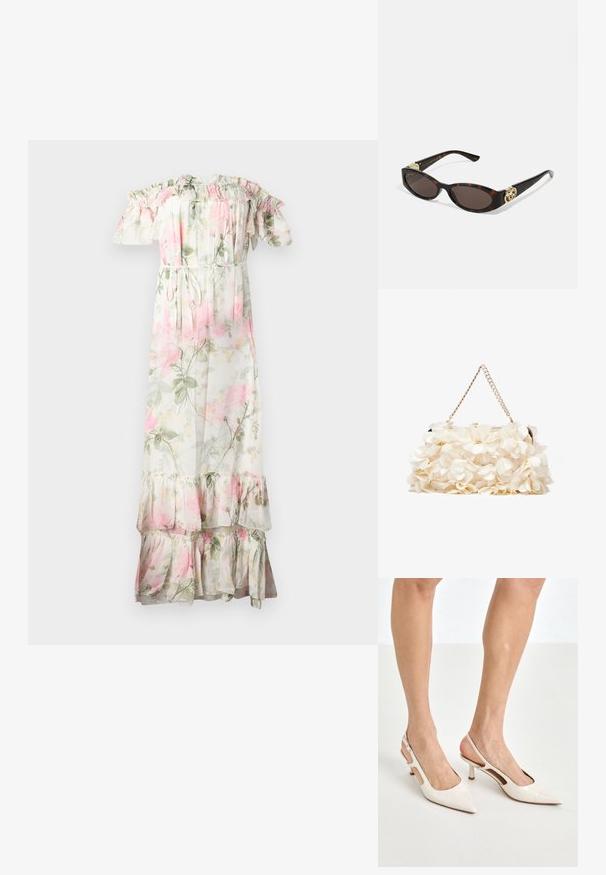 Lille õhuline maksikleit, millel on õlgadelt langevad frills. Valmistatud kergest kangast, roosa ja rohelise lillemustriga, paelaga piirkonnas ja kihilise äärisega.; Beesek patentnaha slingback kontsad 5 cm kontsaga, millel on terav nina ja lõigatud külgedega ning õhuke pahkluu rihm.; Kilpkonnakilbi stiilis prillid piklik-ovaalsete läätsede, pruunika tooniga, kuldsete logo aktsentidega templitel ja elegantsed mustad varred.; Valge lilleline käekott, millel on volditud kangapind, kuldne ahelakott ja metallist klamber. Omab tekstureeritud kroonlehti, mis lisab detailidele sügavust.