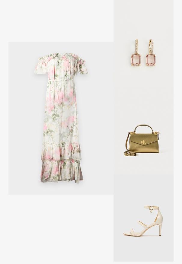 Cvečni maxi obleka z ruffled rameni. Iz lahkotnega materiala, z rožami v roza in zeleni barvi, z vrvico za prilagajanje pasu in večplastnim robom.; Bež čevlji na visoki peti s tankim trakcem okrog gležnja in dvema zgornjima trakoma. Sijajna lakirana površina in zlat detajl na trakcu okrog gležnja.; Zlata kovinska torbica s strukturirano zasnovo, zgornjim ročajem, snemljivim naramnim trakom in zlatim logotipom na sprednji strani.; Lauren Ralph Lauren HUGGIE DROP - Uhani - gold-coloured/vintagerose