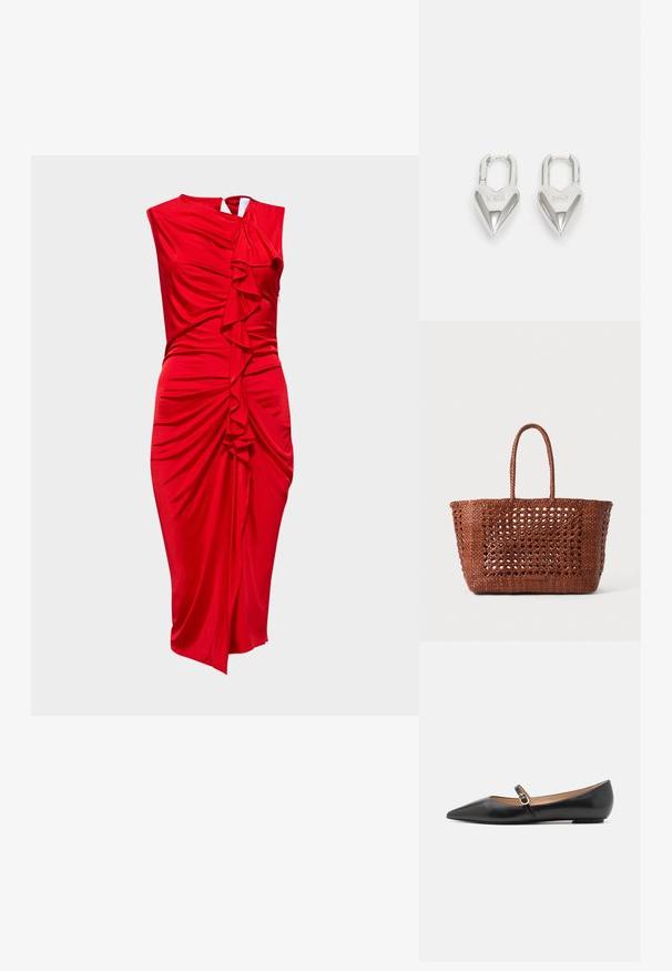 Piros ujjatlan ruha sima anyagból, amely redőzött részletekkel és fodrokkal rendelkezik, testhezálló szabással és térd hosszúságú szegéllyel.; Fekete bőr balettlapok hegyes orral és oldalsó pánttal, amelyen egy kör alakú arany dísz található. Könnyű, lapos talpú.; Szőtt barna vászontáska, nyitott mintázattal, téglalap alakú, és két fonott füllel. Szilárd alappal rendelkezik a stabilitás érdekében.; Ezüst szív alakú lakatok, amelyeken vésett "IGEN" és "NEM" feliratok találhatók, polírozott felület, szimmetrikus kialakítás és robusztus fémcsat.