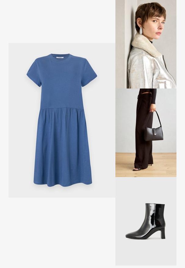 Blå bomullsdrakt med korte ermer, rund halsutskjæring og en samlet lagdelt skjørt. Glatt tekstur og enkelt design.; Sorte patentlær ankle boot med spiss tå og en mellomhøy blokkhelt. Glatt tekstur og minimalistisk design.; Svart håndveske med strukturert form, jevn tekstur og metallisk lås. Kombinert med brede svarte bukser og sandaler med åpen tå på tregulv.; Sølvmetallisk lærjakke med lammeskinnskrage, med glidelås og strukturert overflate. Store dråpeformede øredobber med klare edelstener.