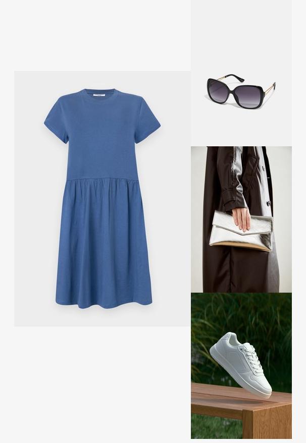 Modrá bavlněná šaty s krátkým rukávem, kulatým výstřihem a volánkovou sukní. Hladká textura a jednoduchý design.; Bílé tenisky s hladkým syntetickým svrškem, perforovanou špičkou, plochými tkaničkami a texturovanou podrážkou, vystavené na dřevěném povrchu.; Černé oversized sluneční brýle se gradientními skly, silnými rámy a zlatými řetízkovými detaily na nožičkách.; Stříbrná metalická kabelka ve tvaru klínového obálkového designu, hladké textury a s kontrastní barvou uvnitř, držena v ruce s černým kabátem.