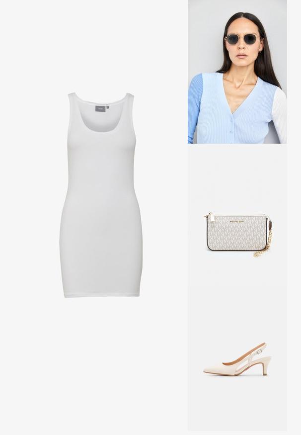 Weißes Tankkleid mit runder Ausschnittform, gefertigt aus glattem, dehnbarem Stoff. Ärmelloses Design mit einer taillierten Silhouette, die bis zur Mitte des Oberschenkels reicht.; Weiße Slingback-Absätze mit spitzer Zehenpartie, glattem Obermaterial, niedrigem Blockabsatz und seitlichem Ausschnitt-Design mit verstellbarem Schnallenriemen.; Runde Sonnenbrillen mit dunklen Gläsern und goldenen Rahmen. Das Modell trägt eine hellblaue, gerippte Strickjacke mit Knöpfen und weißen Kontrastärmeln.; Michael Kors Clutch in beige beschichtetem Canvas mit einem wiederholten MK-Logo-Muster, goldfarbener hardware und einem abnehmbaren Kettenriemen.
