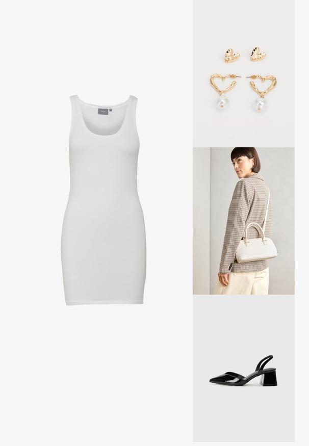 Vestido sin mangas blanco con escote redondo, confeccionado en una tela suave y elástica. Diseño ajustado que llega hasta la mitad del muslo.; Zapatos de tacón slingback de charol negro con punta afilada y tacón geométrico en bloque. Presentan un diseño elegante y minimalista, así como una textura suave.; Bolso estructurado blanco con asas cortas y una correa para el hombro, que presenta detalles en dorado y material texturizado, exhibido sobre un fondo gris.; Pendientes en forma de corazón en tono dorado con un acabado texturizado, que cuentan con un colgante de perla. Incluye pendientes de stud en forma de corazón a juego.