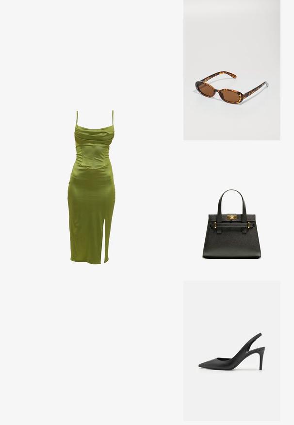 Olívazöld, testhez simuló ruha állítható pántokkal, drapírozott nyakkivágással és combig érő hasítékkal a bal oldalon. Simá, rugalmas anyag.; Fekete bőrszíjjal ellátott magassarkú cipők, hegyes orral, elöl kivágott dizájnnal és vékony stiletto sarkakkal.; Teknősbéka mintás napszemüveg ovális kerettel, barna lencsékkel és vékony fekete szárakkal, amelyek finom mintázott díszítésekkel rendelkeznek.; Fekete textúrájú nagy táska rövid fülekkel, arany kapoccsal és kiegészítőkkel. A design szerkezeti, geometrikus sziluettel rendelkezik.