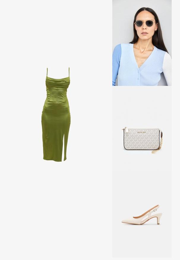 Rochie bodycon verde măsliniu cu bretele subțiri ajustabile, decolteu drapat și o fanta înaltă pe partea stângă. Material neted și elastic.; Sandaie cu toc alb, cu vârful ascuțit, material superior neted, toc mic tip bloc și design cu decupaj lateral, cu curea ajustabilă.; Ochelari de soare rotunzi cu lentile întunecate și rame aurii. Modelul poartă un cardigan ribbed de culoare albastru deschis cu nasturi și mâneci albe în contrast.; Clutch Michael Kors din canva acoperit bej, cu un model repetitiv al logo-ului MK, accesorii din aur și o curea cu lanț detașabil.