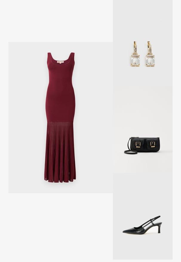 Burgundy gown with a fitted bodice and flared pleated skirt. Smooth texture on top transitions to flowing pleats at the hem.; Black patent slingback heel with a pointed toe, featuring textured snake print, adjustable strap, and a short, textured block heel.; Black leather crossbody bag with two front pockets, gold buckles, zipper closure, and a slim strap. Textured surface and compact rectangular shape.; Gold-tone earrings featuring a rectangular, clear crystal dangling below a row of small, round clear accents. Sleek, modern design.