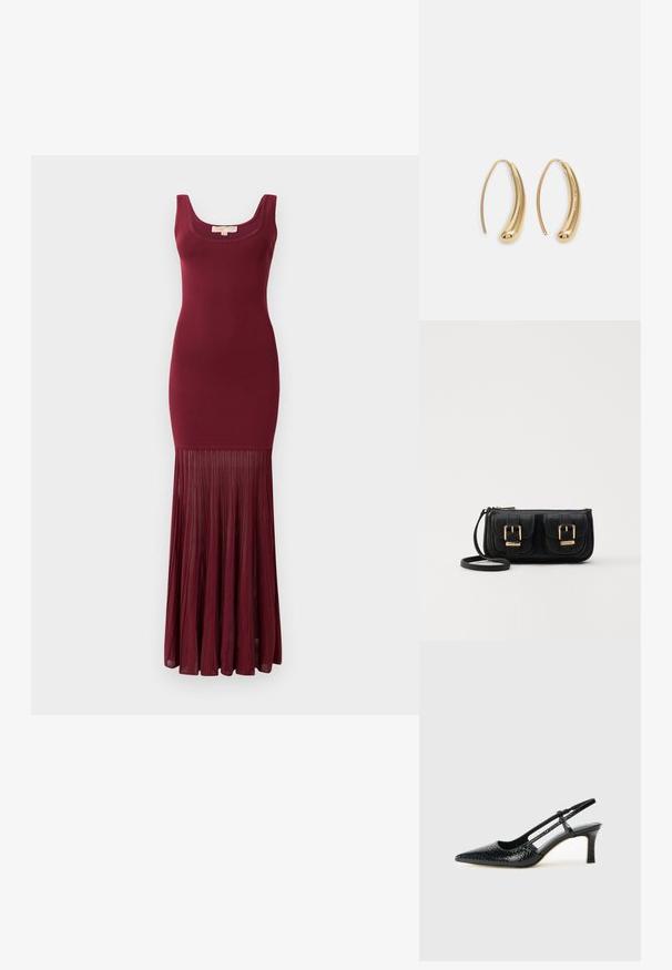 Bordeauxfarbenes Kleid mit tailliertem Oberteil und ausgestellt gelegtem Rock. Die glatte Textur oben geht in fließende Falten am Saum über.; Schwarze Lack-Slingback-Pumps mit spitzem Zehenbereich, versehen mit strukturiertem Schlangenprint, verstellbarem Riemen und einem kurzen, strukturierten Blockabsatz.; Schwarze Leder-Umhängetasche mit zwei vorderen Taschen, goldenen Schnallen, Reißverschluss und einem schmalen Tragegurt. Texturierte Oberfläche und kompakte rechteckige Form.; Goldfarbene Metall-Hoops mit einer geschwungenen, länglichen Form. Sie verfügen über eine glatte, glänzende Oberfläche und eine abgerundete Spitze für zusätzliche Details.