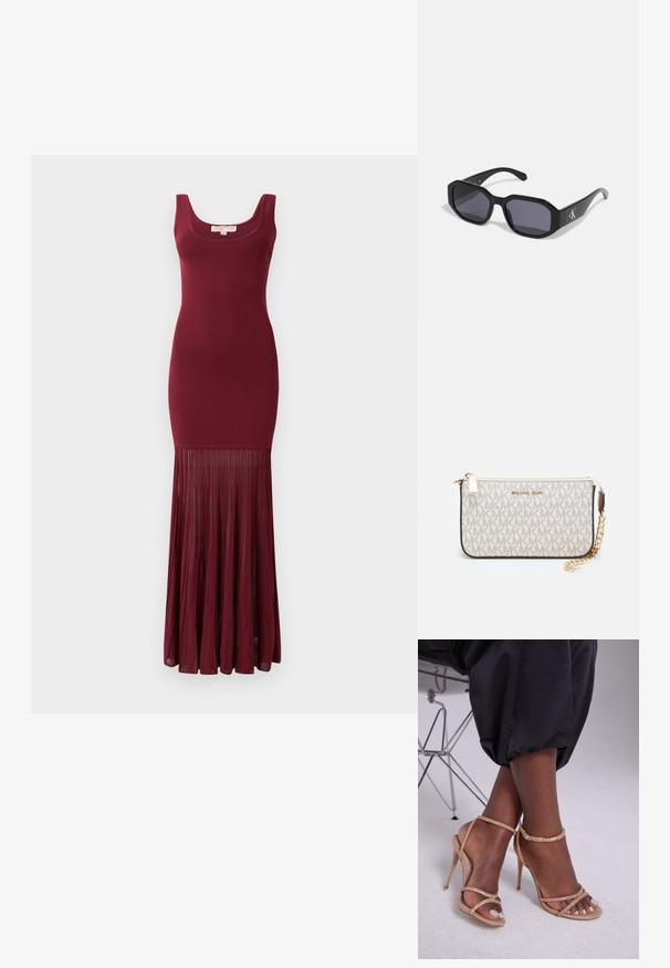 Bordeaux kjole med en tætsiddende liv og en bred, plisseret nederdel. Den glatte tekstur på toppen overgår til flydende plisseringer ved kanten.; Beige hælkiler med krystaludsmykninger, der har åben tå, tynde remme og en strømlinet silhuet.; Sorte solbriller med en ottekantet ramme, mørke linser, blank plastmateriale og en sølvfarvet logoaccent på den ene side.; Michael Kors håndleddstropp i beige belagt lær med et gentaget MK-logo mønster, guld hardware og en aftagelig kædestrop.; Guldmetalløreringe med et bølget design; glat, reflekterende overflade; asymmetrisk form; ingen synlige mønstre eller hardware.