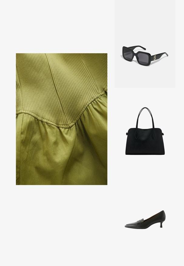 Maslinasto zelena tkanina s vertikalnom rebrastom teksturom u gornjem dijelu i mekom nabranošću ispod, sa zakrivljenim šavnim detaljima.; Crna kožna cipele s potpeticom, s šiljastim prstom i dekorativnom trakom. Ima nisku štiklu i glatku teksturu.; Crne sunčane naočale s debelim četvrtastim okvirom, tamnim staklima, sjajnom završnom obradom i zlatnim detaljem na sljepoočnicama.; Crna kožna torba s dvostrukim naramenicama, pravokutnog oblika i minimalističkim dizajnom na bijeloj pozadini.