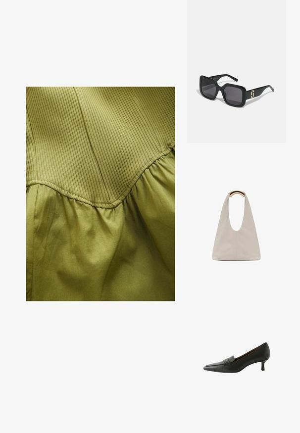 Olijfgroene stof met een verticale ribbeltextuur in het bovenste gedeelte en een zachte geplooide textuur eronder, met gebogen naaddetails.; Zwarte leren hoge hak schoen met een spitse neus en een decoratieve band. Heeft een lage stiletto hak en een gladde textuur.; Zwarte zonnebril met een chunky vierkant montuur, donkere glazen, glanzende afwerking en een gouden accentdetail op de veren.; Lichtgrijze leren tas met een U-vormig ontwerp en een gebogen metalen handvat. Glad oppervlak met minimale stiksels en geen zichtbare patronen.