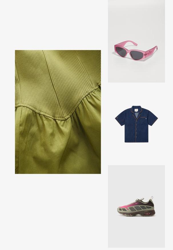 Olivovo zelená tkanina s vertikálnou prúžkovanou textúrou na hornej časti a jemnou zhuštěnou textúrou nižšie, s detaily zakriveného švíku.; Krátky denimový košeľa v tmavomodrej farbe s náprsním vreckom, kontrastným oranžovým prešívaním a klasickým golierom. Obsahuje uzáver na gombíky.; Atletická obuv so zmesou olivovej zelenej a tmavohnedých materiálov s ružovými akcentmi. Textúrovaný zvršok a viditeľné vzduchové odpruženie v podrážke.; Ružové priehľadné slnečné okuliare s ostrým tvarom mačacích očí, tmavými tónovanými sklami a vyrazeným textom na strane čítajúcom "SLNEČNÉ OKULIARE."