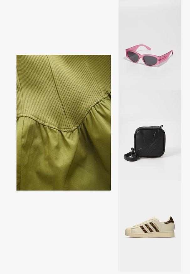 Tela de color verde oliva con textura acanalada vertical en la sección superior y textura suave de pliegues abajo, con detalles de costura curva.; Zapatilla Adidas Superstar en color blanco roto, con rayas de estampado de leopardo y una lengüeta en el talón, punta de goma beige y el texto "SUPERSTAR" en el lateral.; Gafas de sol rosas transparentes con forma angular de ojos de gato, lentes oscuros y texto en relieve en la patilla que dice "LAS GAFAS DE SOL."; Bolso cruzado negro hecho de material sintético texturizado. Presenta un diseño de logo en relieve y correa ajustable. Cierre con cremallera.