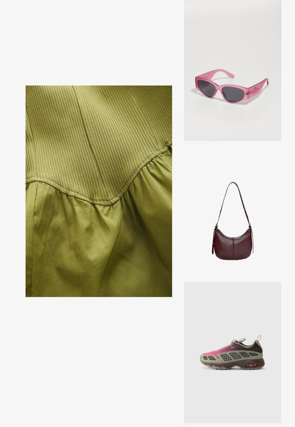 Oliivinvihreä kangas, jossa on pystysuora raidallinen rakenne yläosassa ja pehmeä laskostettu pinta alapuolella, kaarevilla saumoilla.; Urheilujalkine, jossa on yhdistelmä oliivinvihreää ja tummanruskeaa materiaalia vaaleanpunaisilla yksityiskohdilla. Pintakuvioitu päällinen ja näkyvä ilmapehmustus pohjassa.; Vaaleanpunaiset läpinäkyvät aurinkolasit, joissa on kulmikas kissansilmämuoto, tummat linssit ja kohokuvioitu teksti templeissä lukien "AURINKOLASIT."; Burgundy nahkakäsilaukku, jossa on kaareva siluetti, vetoketjusuljenta ja olkahihna, jossa on hopeanvärisiä yksityiskohtia.