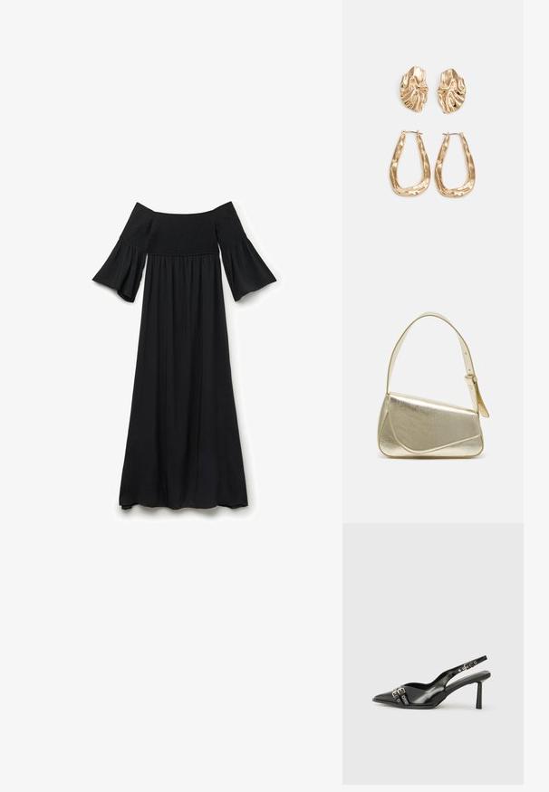 Schwarzes Maxikleid mit schulterfreiem Schnitt, gerafftem Oberteil, kurzen, ausgestellt geschnittenen Ärmeln und fließendem Stoff, das ein einfaches und elegantes Design aufweist.; Schwarzer Lackleder Slingback-Schuh mit spitzem Zehenbereich, Knöchelriemen mit silbernen Schnallen und Beschlägen sowie einem schlanken Absatz.; Goldfarbene metallische Handtasche mit strukturiertem Design, glatter Textur und verstellbarem Tragegurt. Sie verfügt über eine einzigartige dreieckige Form und minimalistische Nähte.; Ohrringe in Goldoptik mit strukturierten, gewellten Formen. Beinhaltet skulpturale Clip-Ohrringe und ein offenes Hoop-Design mit gehämmertem Finish.